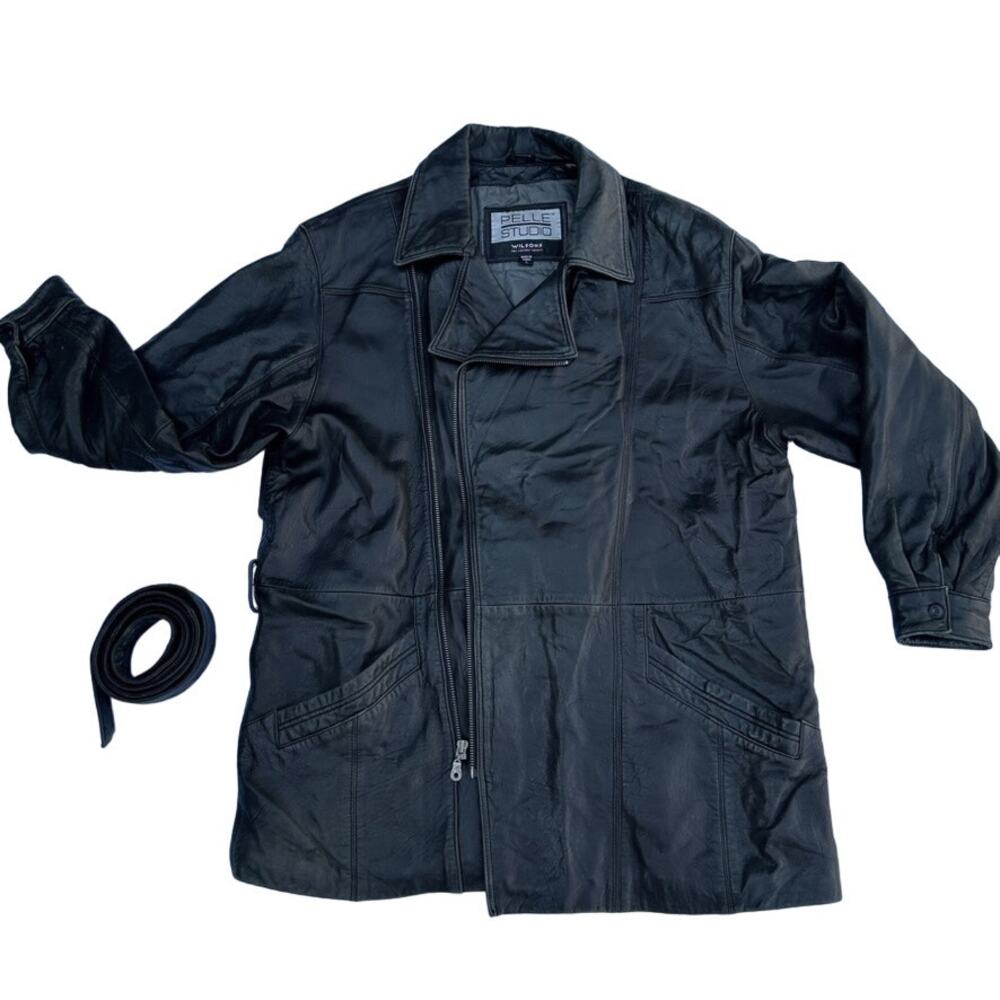 Vintage Wilson's Long Belted Bikercore Goth Rocker Sleek Leather Jacket